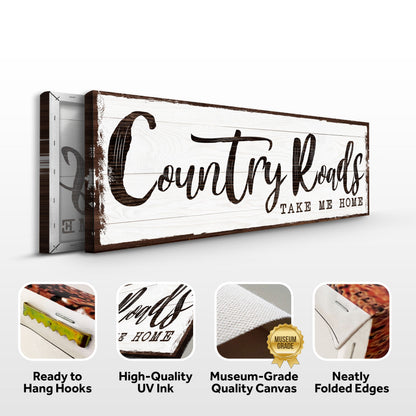 Country Roads Take Me Home canvas sign by Tailored Canvases, rustic whitewashed wood panel on Tampa Home & Garden Store