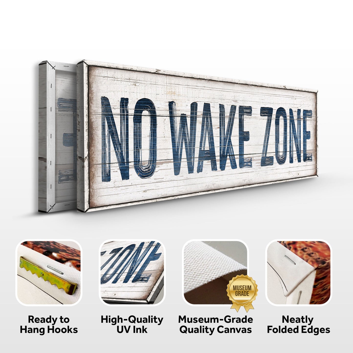No Wake Zone Sign XVIII canvas by Tailored Canvases; distressed wood with blue lettering on Tampa Home & Garden Store