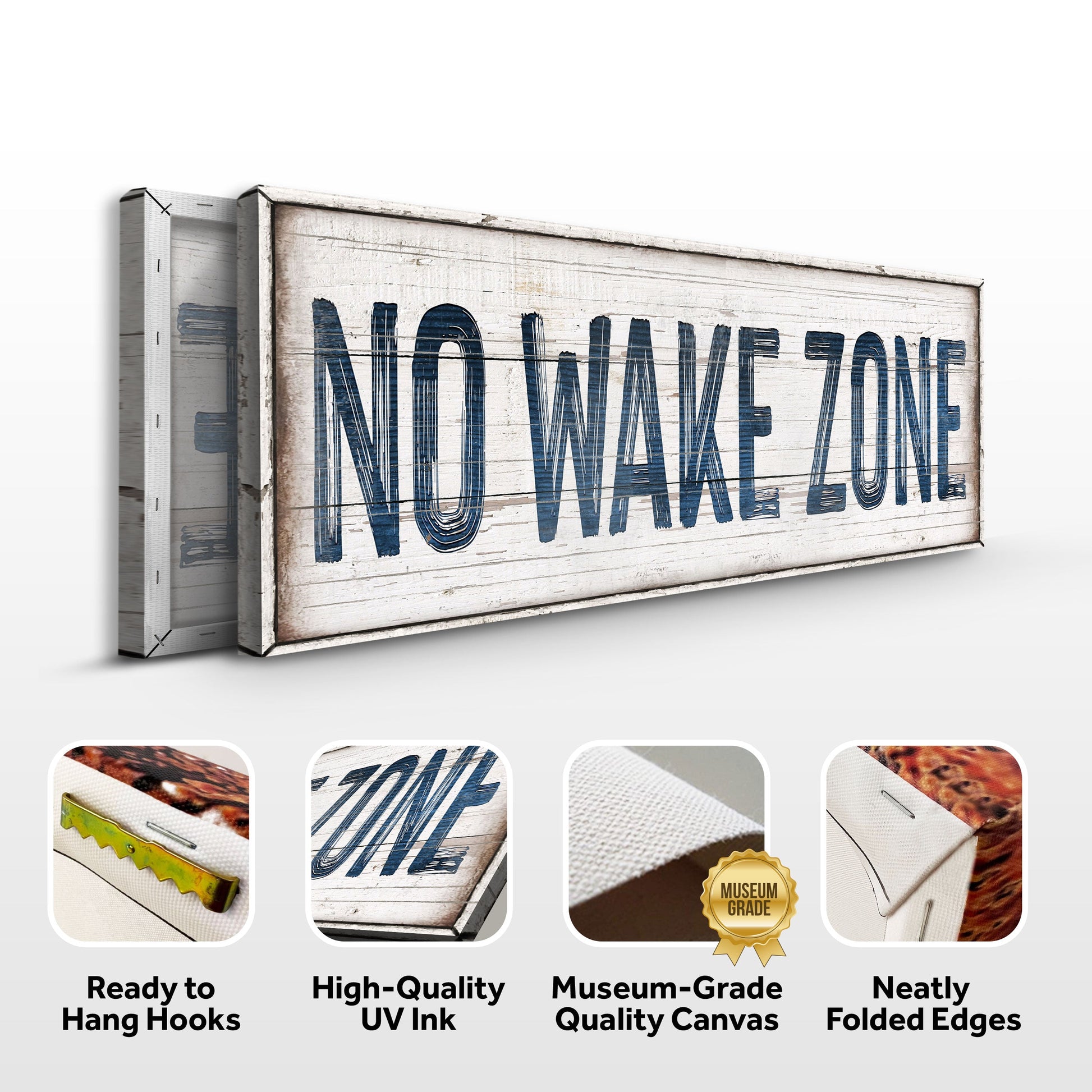 No Wake Zone Sign XVIII canvas by Tailored Canvases; distressed wood with blue lettering on Tampa Home & Garden Store
