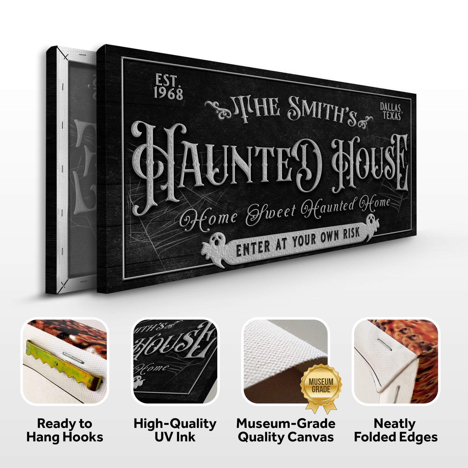 Personalized Haunted House Sign II canvas by Tailored Canvases with ornate lettering on black textured backdrop on Tampa Home & Garden Store