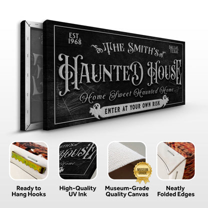 Personalized Haunted House Sign II canvas by Tailored Canvases with ornate lettering on black textured backdrop on Tampa Home & Garden Store