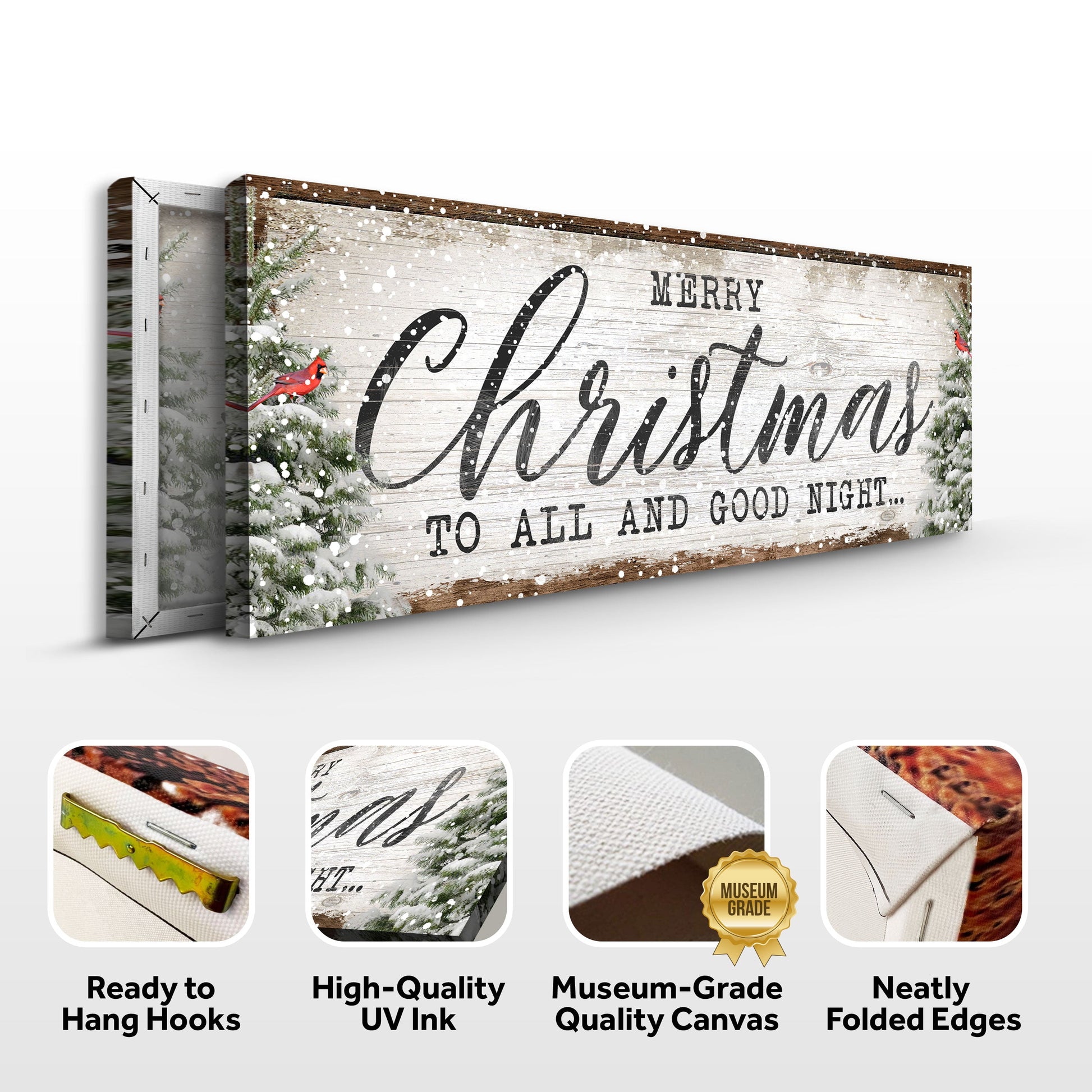 Canvas sign Merry Christmas To All And Goodnight with rustic wood panel and snowy scene on Tampa Home & Garden Store