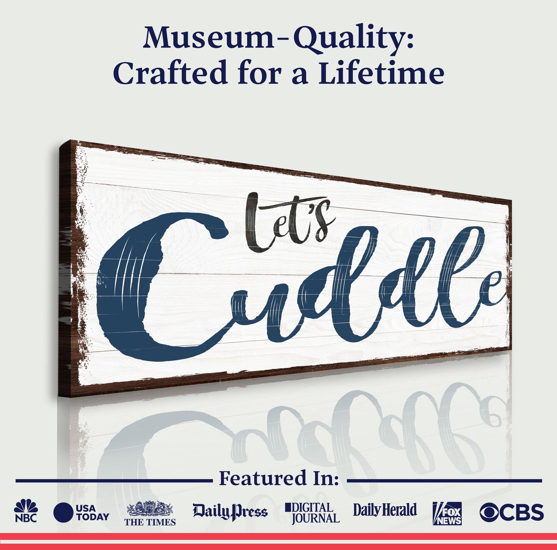 Canvas sign Let's Cuddle Sign II by Tailored Canvases with navy script on white wood on Tampa Home & Garden Store