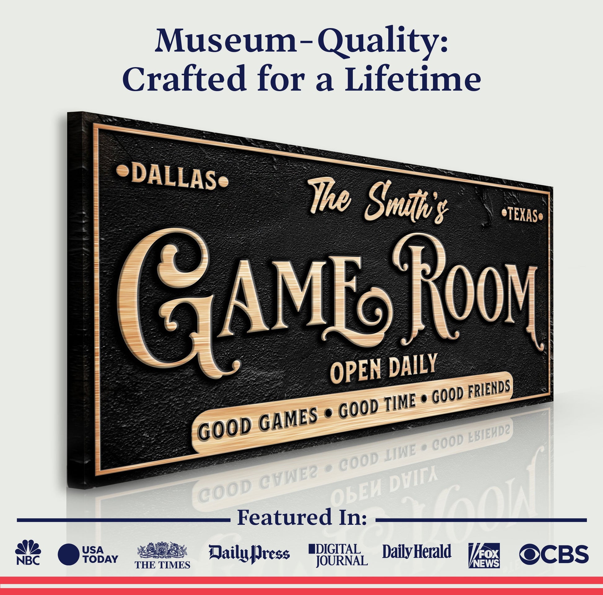 Personalized Game Room Sign canvas by Tailored Canvases with copper-tone lettering on Tampa Home & Garden Store