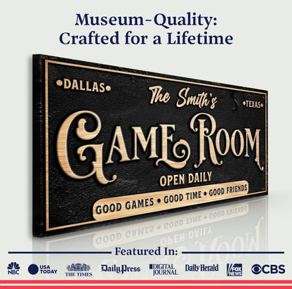 Personalized Game Room Sign canvas by Tailored Canvases with copper-tone lettering on Tampa Home & Garden Store