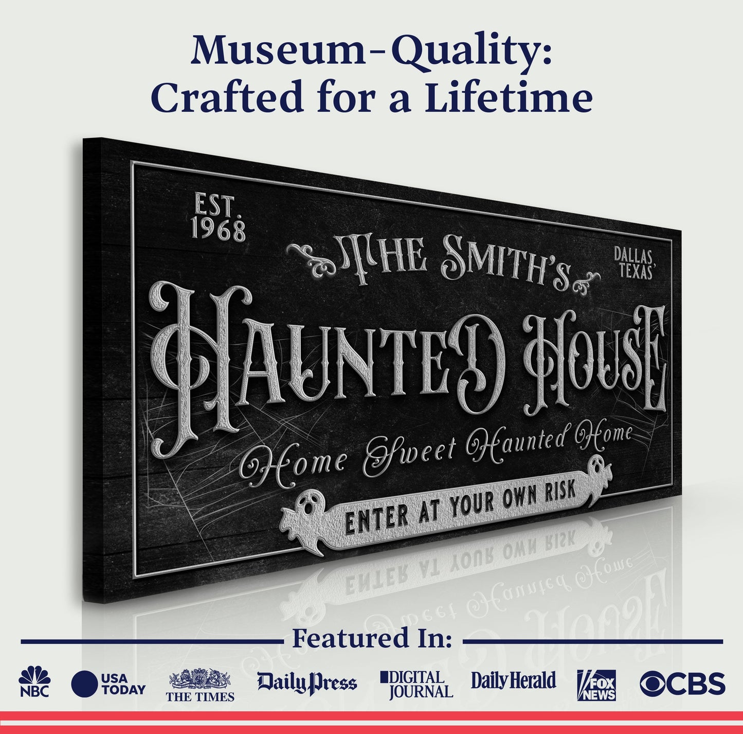 Personalized Haunted House Sign II canvas by Tailored Canvases with black chalkboard style on Tampa Home & Garden Store