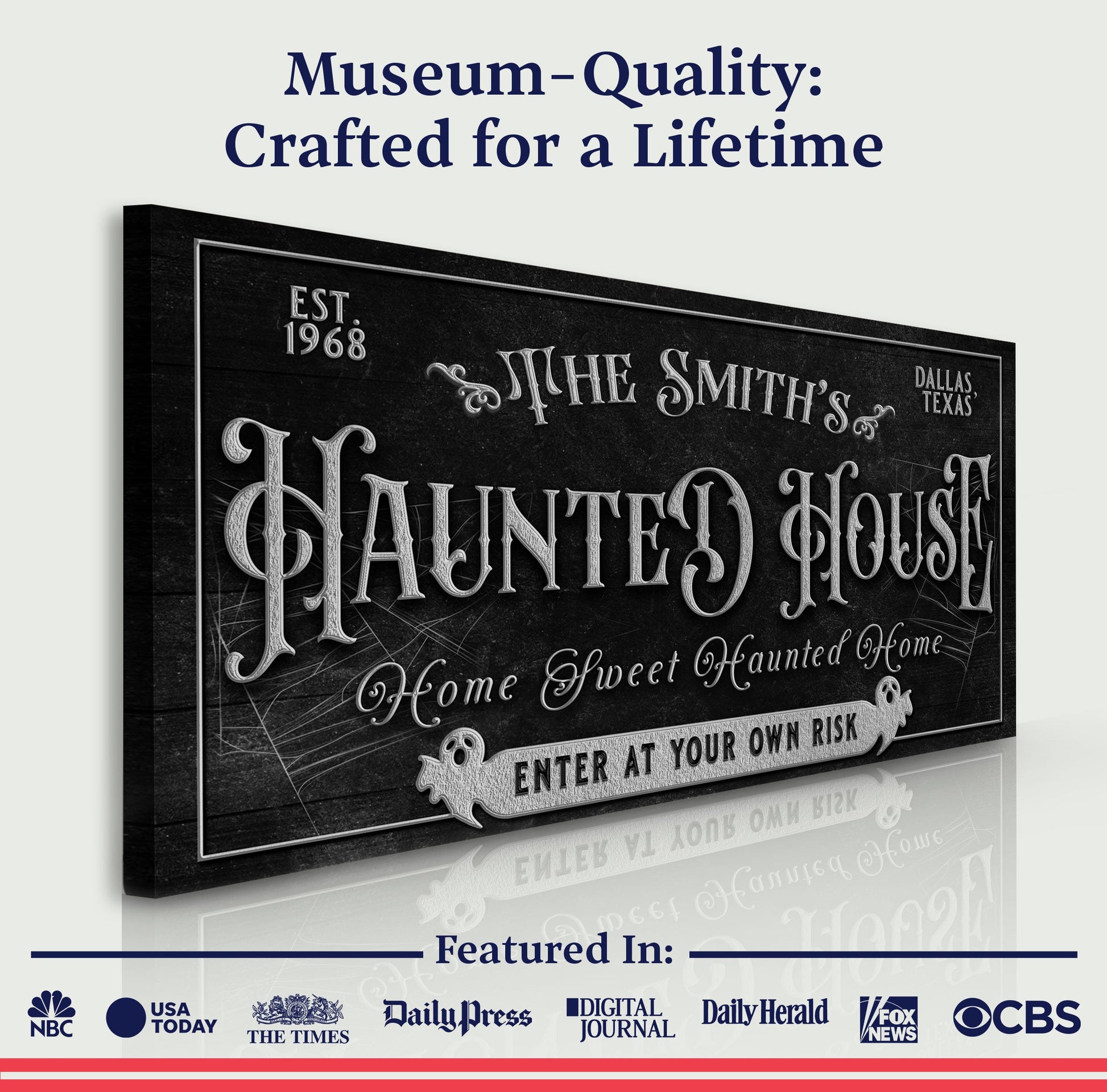 Personalized Haunted House Sign II canvas by Tailored Canvases with black chalkboard style on Tampa Home & Garden Store