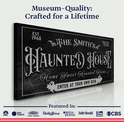 Personalized Haunted House Sign II canvas by Tailored Canvases with black chalkboard style on Tampa Home & Garden Store