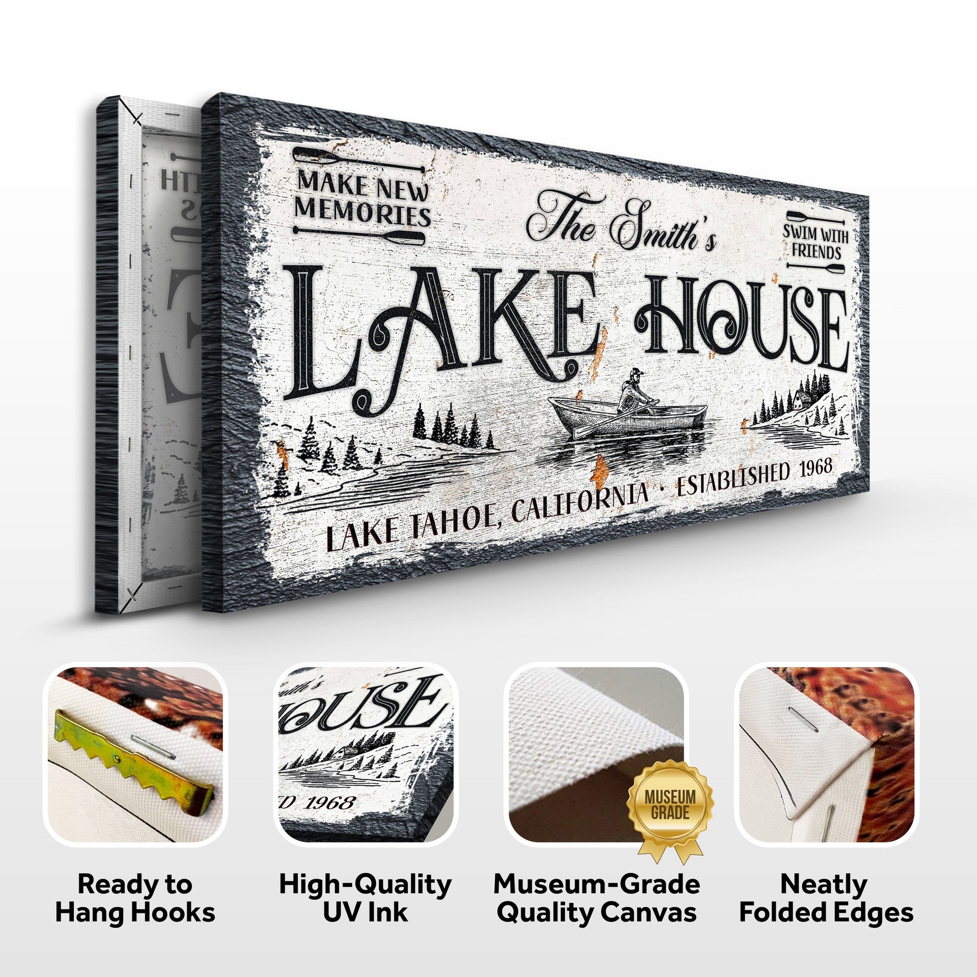 Lake House Sign IX canvas by Tailored Canvases, distressed white with black vintage lettering on Tampa Home & Garden Store