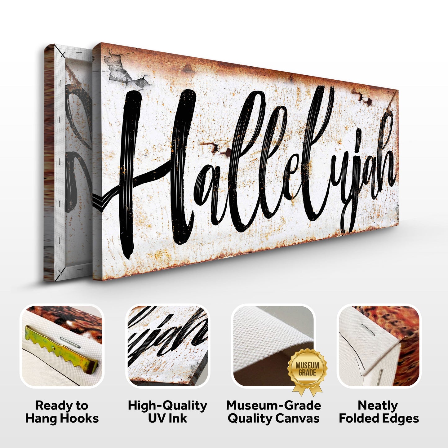 Rustic Hallelujah Faith Sign canvas by Tailored Canvases with distressed rust and black script on Tampa Home & Garden Store