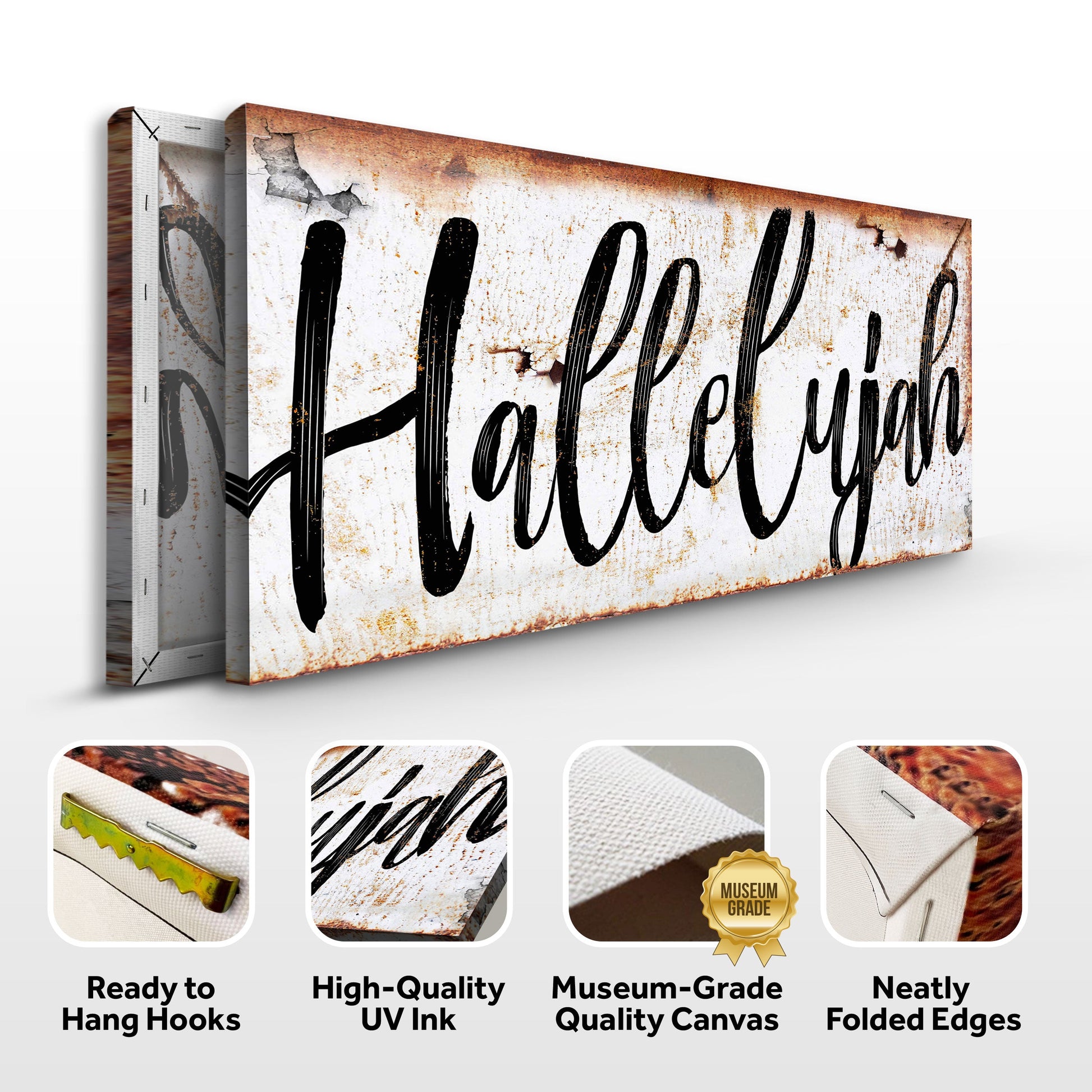 Rustic Hallelujah Faith Sign canvas by Tailored Canvases with distressed rust and black script on Tampa Home & Garden Store
