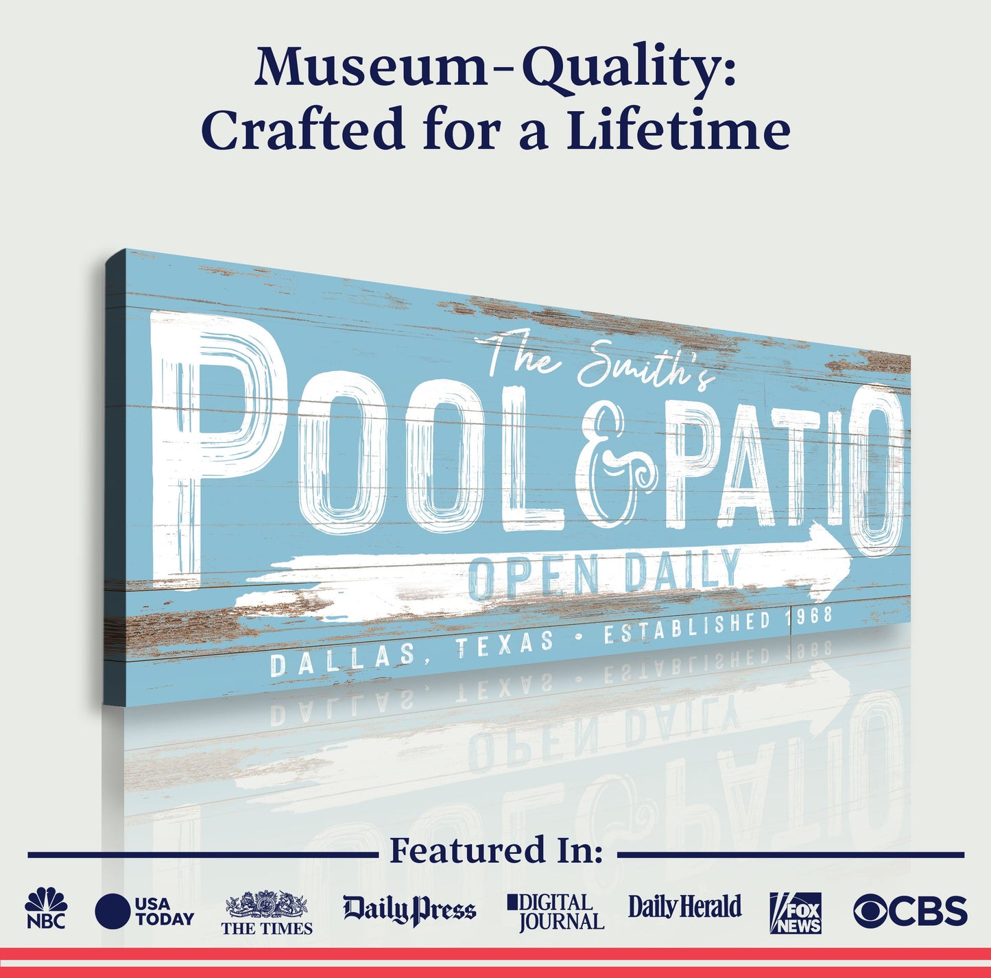 Personalized Pool & Patio Sign Canvas by Tailored Canvases; distressed blue wood plank design on Tampa Home & Garden Store