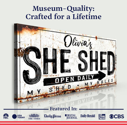 Personalized She Shed Sign XII canvas by Tailored Canvases; weathered sign with bold lettering on Tampa Home & Garden Store