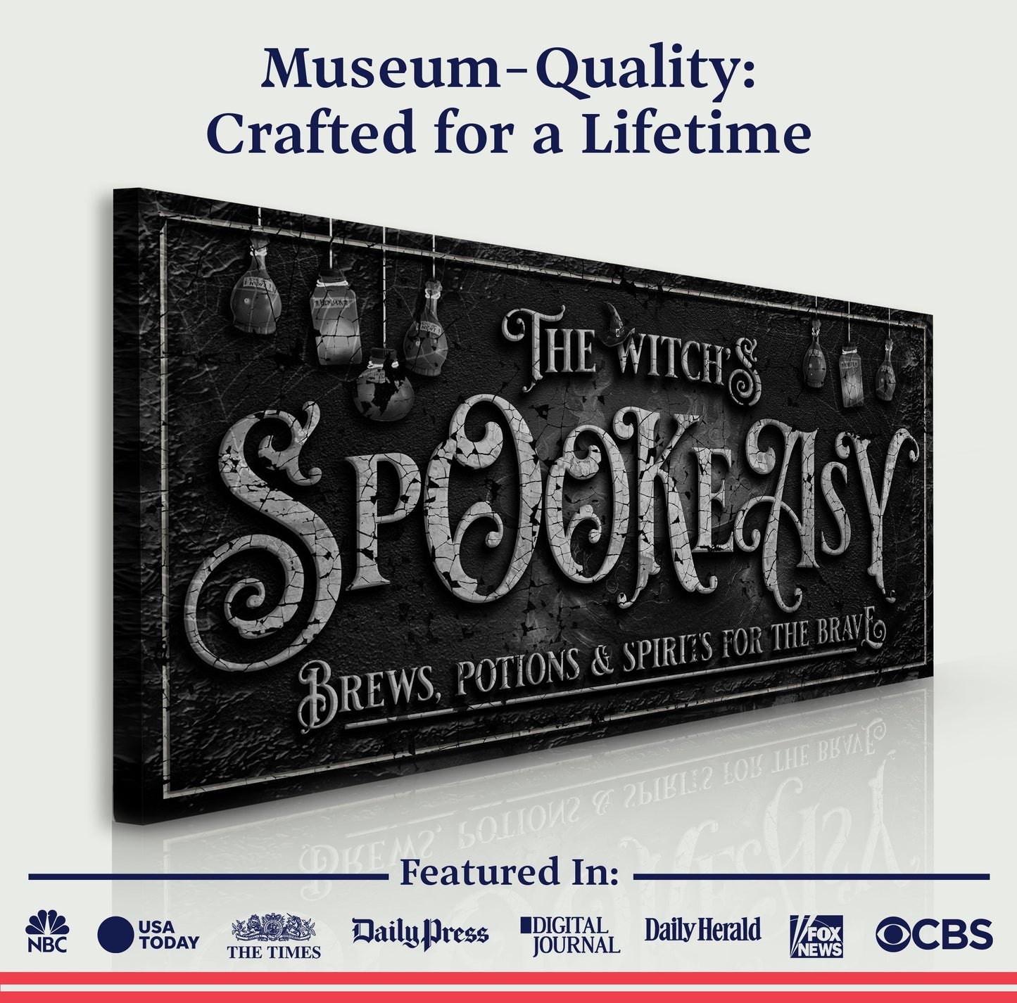 The Witch's Speakeasy Bar Halloween Sign by Tailored Canvases with distressed black background on Tampa Home & Garden Store