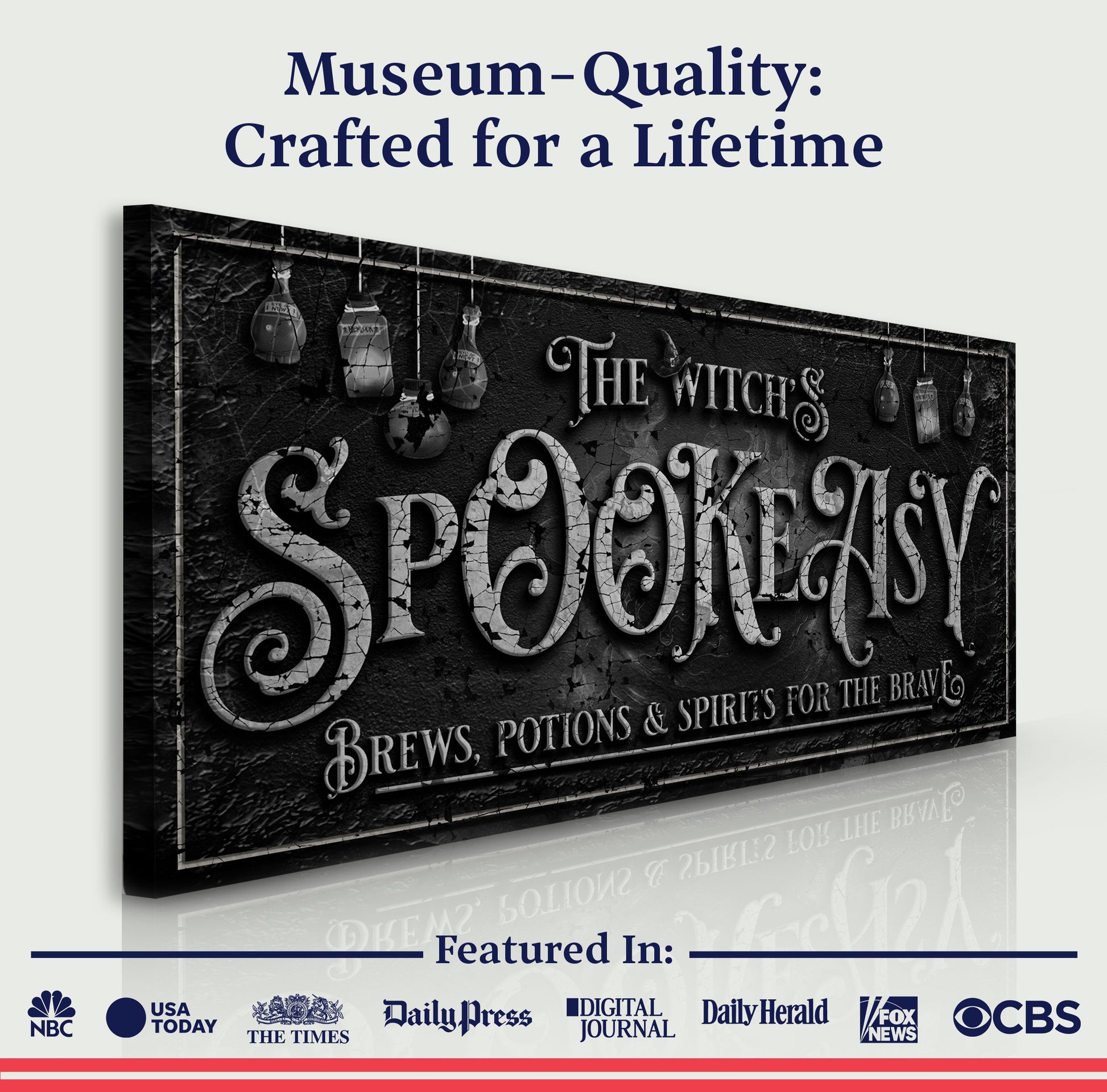 The Witch's Speakeasy Bar Halloween Sign by Tailored Canvases with distressed black background on Tampa Home & Garden Store