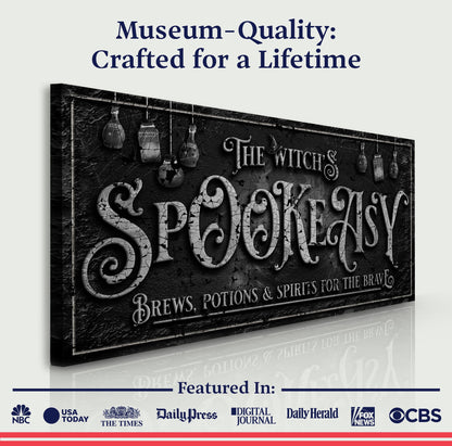 The Witch's Speakeasy Bar Halloween Sign by Tailored Canvases with distressed black background on Tampa Home & Garden Store