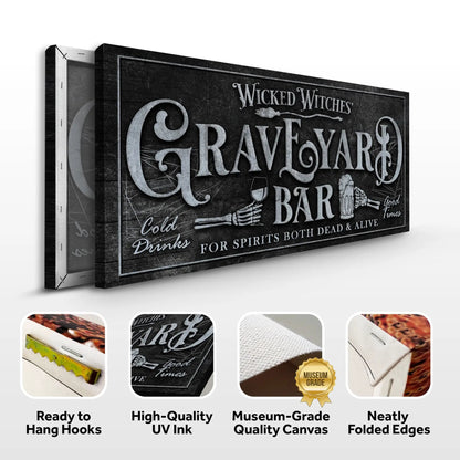 Wicked Witches' Graveyard Bar Halloween Sign II canvas Tailored Canvases, black-gray on Tampa Home & Garden Store