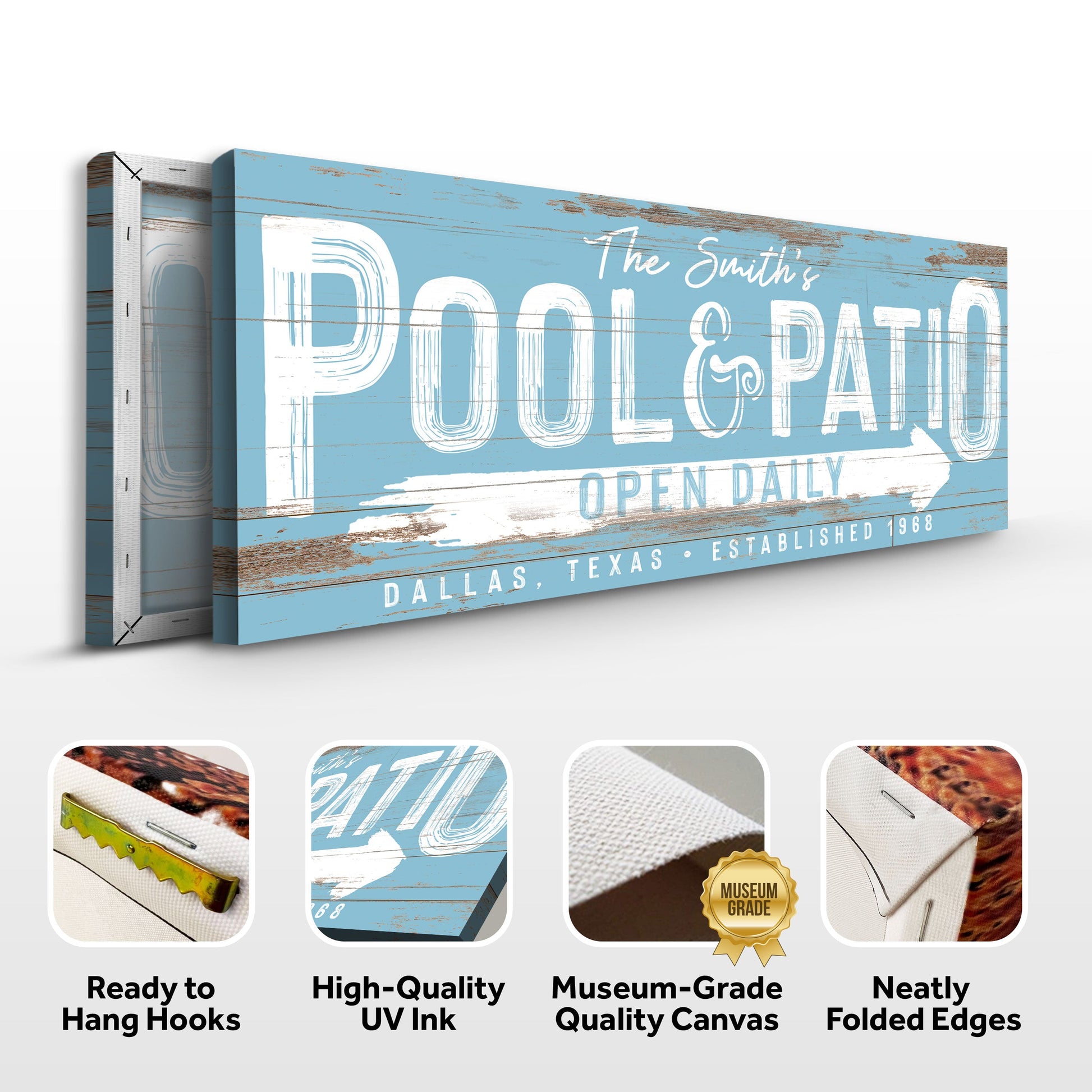 Canvas sign Personalized Pool And Patio Sign V by Tailored Canvases, blue distressed wood on Tampa Home & Garden Store