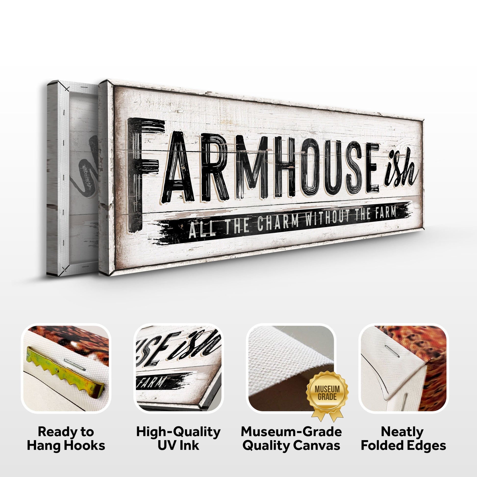 Farmhouse-Ish Sign VI canvas on distressed white wood with bold FARMHOUSE lettering on Tampa Home & Garden Store