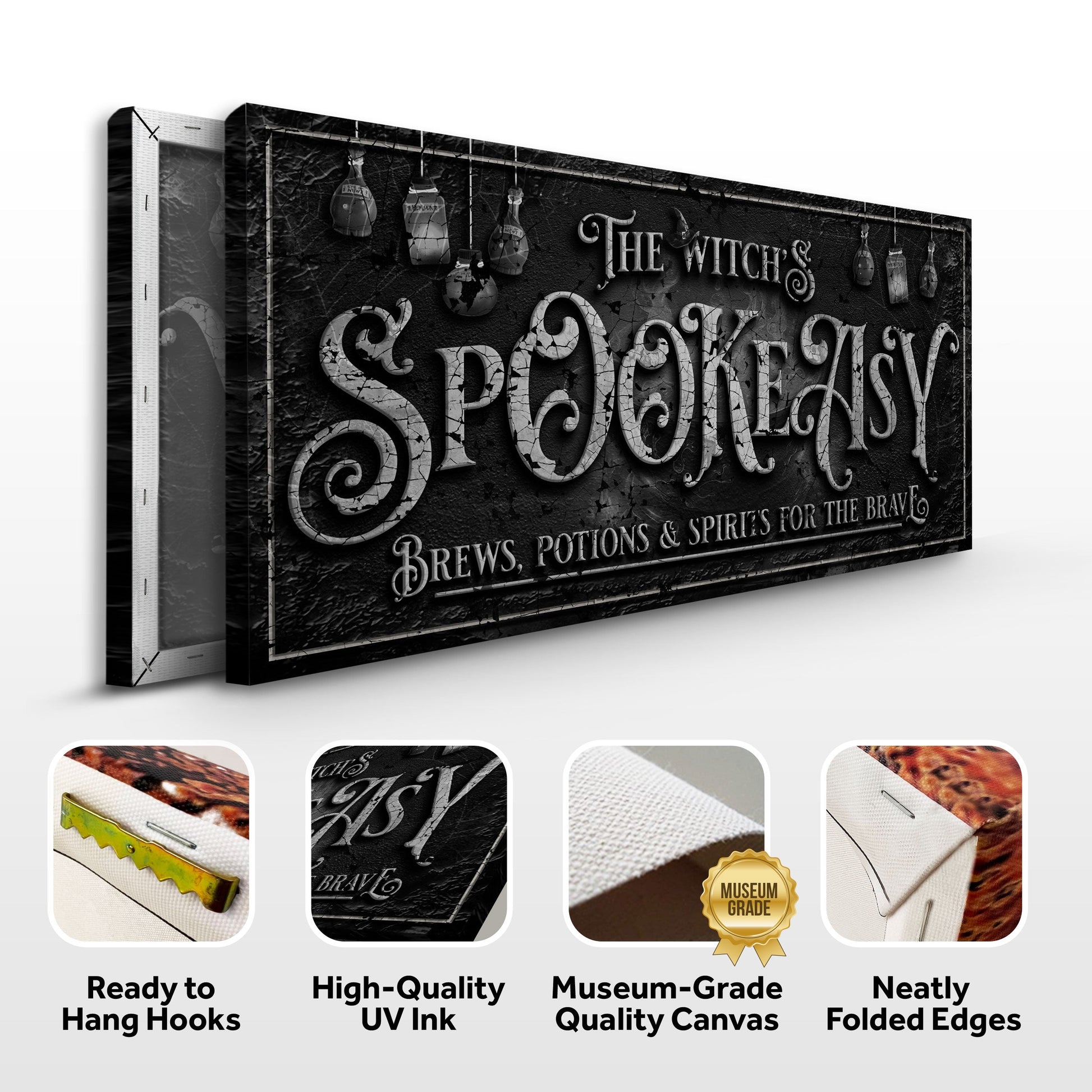The Witch's Speakeasy Bar Halloween Sign canvas by Tailored Canvases with black texture on Tampa Home & Garden Store