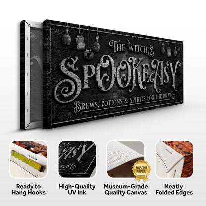 The Witch's Speakeasy Bar Halloween Sign canvas by Tailored Canvases with black texture on Tampa Home & Garden Store
