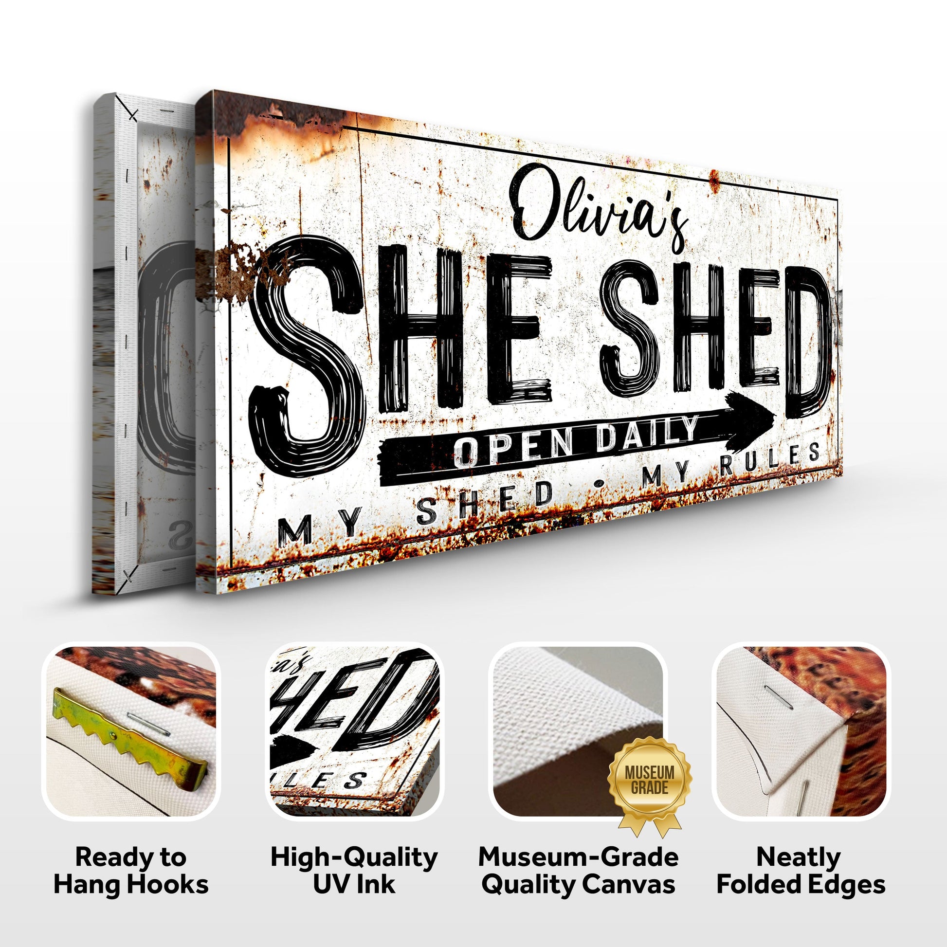 Personalized She Shed Sign XII canvas by Tailored Canvases, rustic white with black lettering on Tampa Home & Garden Store