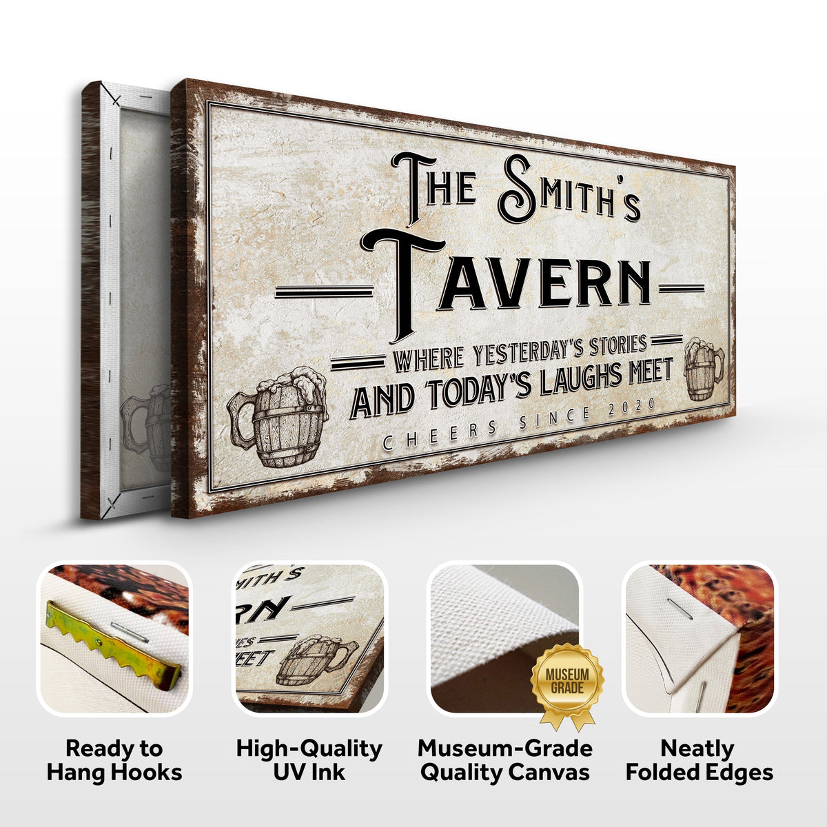 Tailored Canvases Tavern Sign Canvas, rustic distressed beige with black serif type, wood frame on Tampa Home & Garden Store
