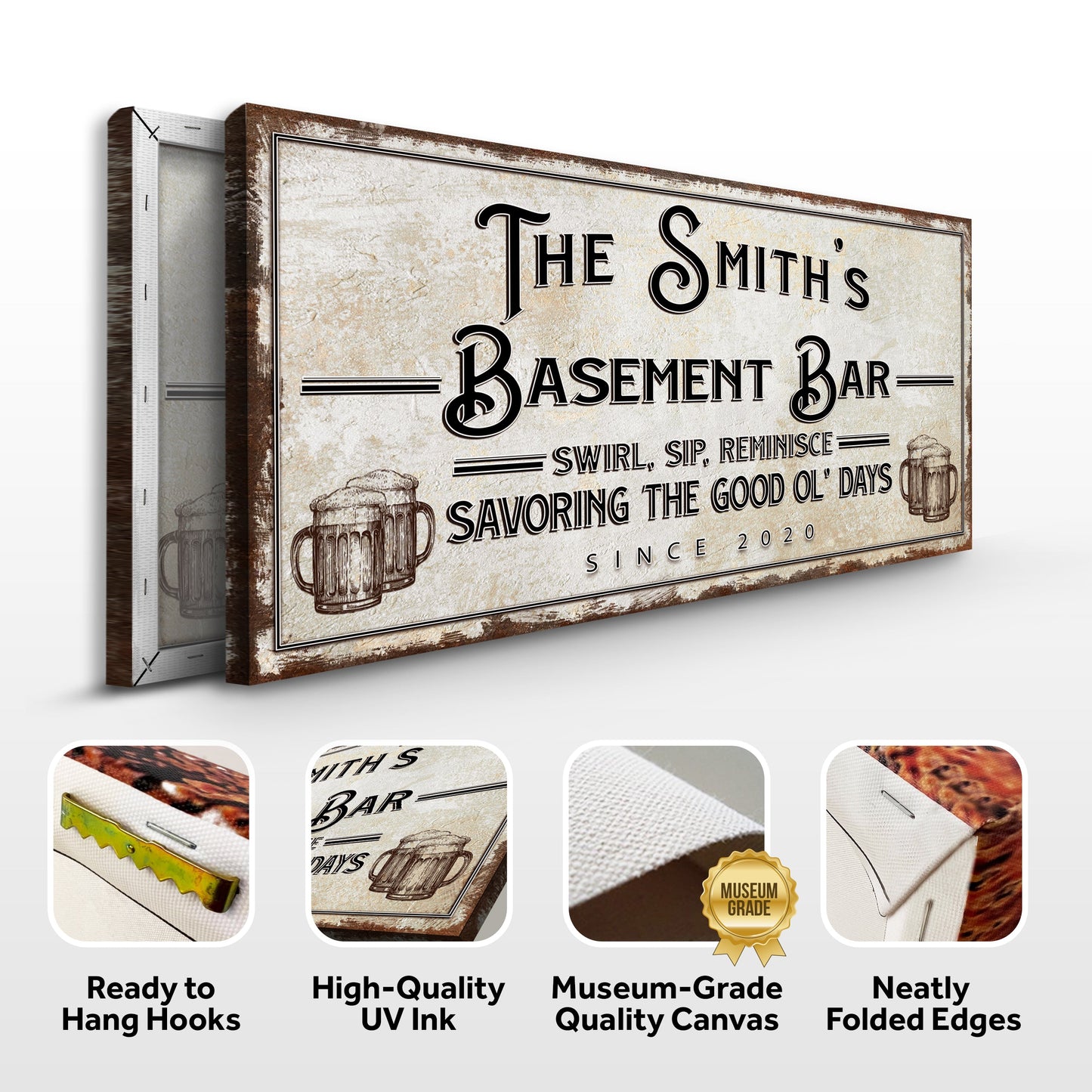 Swirl Sip Reminisce Basement Bar sign canvas by Tailored Canvases; rustic beige background on Tampa Home & Garden Store