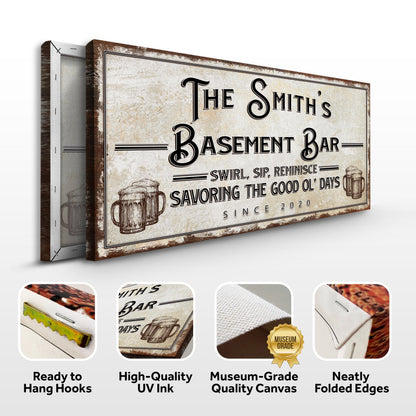 Swirl Sip Reminisce Basement Bar sign canvas by Tailored Canvases; rustic beige background on Tampa Home & Garden Store