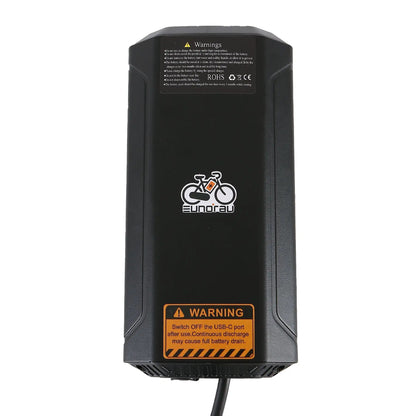 EUNORAU 48V5Ah Ebike battery with Type-C port, black enclosure and warning label on Tampa Home & Garden Store