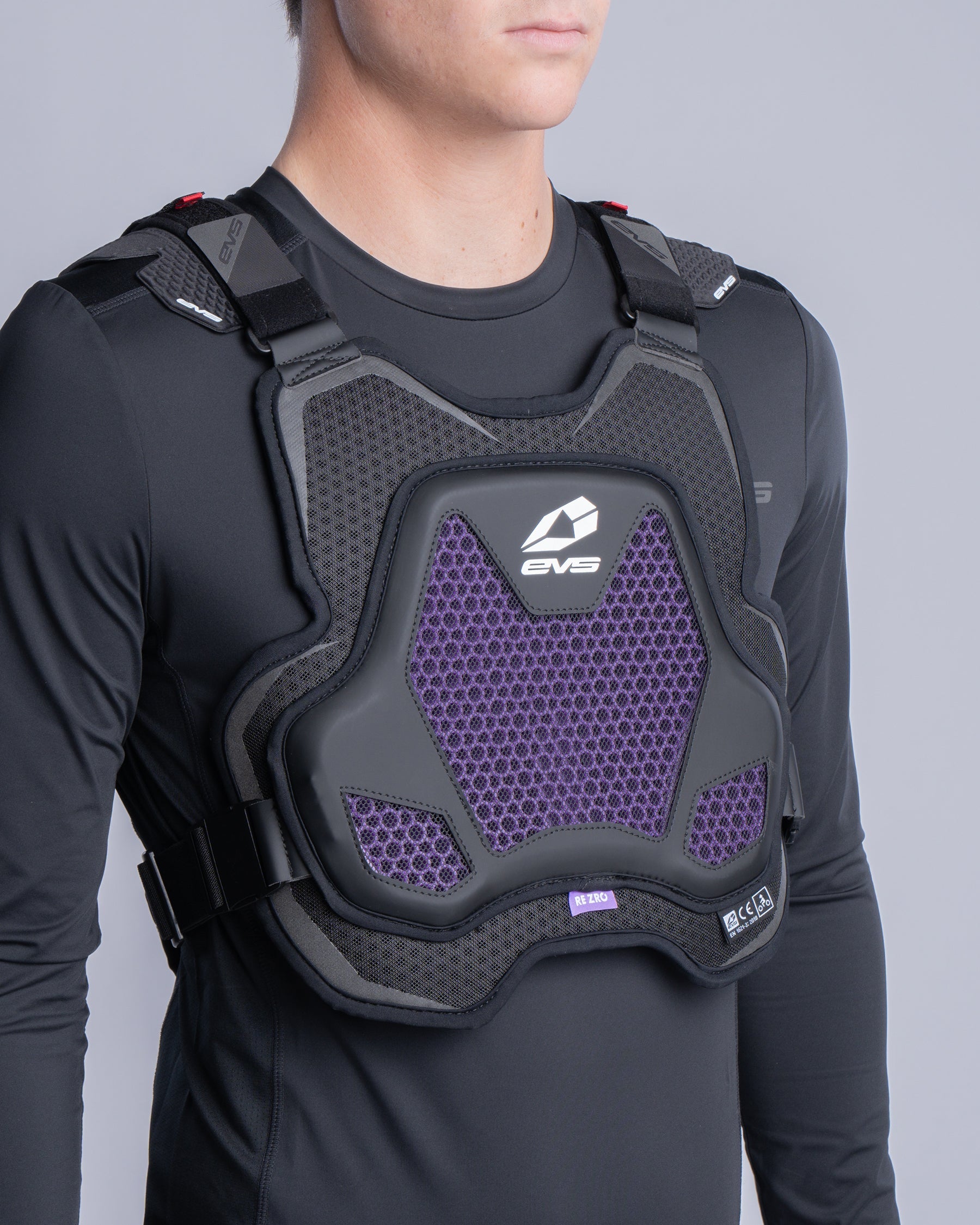Evolution Chest Protector EVS Sports black vest with purple mesh panels and grey armor plates on Tampa Home & Garden Store