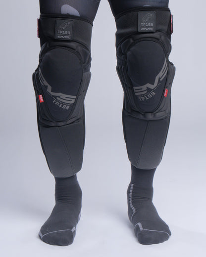 EVS TP199 Blackout knee guards pair with padded knee cups and logo patches on Tampa Home & Garden Store