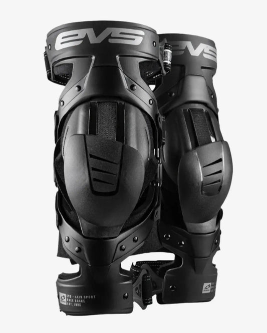 EVS Axis Sport 2025 knee braces pair, black hard-shell with adjustable straps on Tampa Home & Garden Store