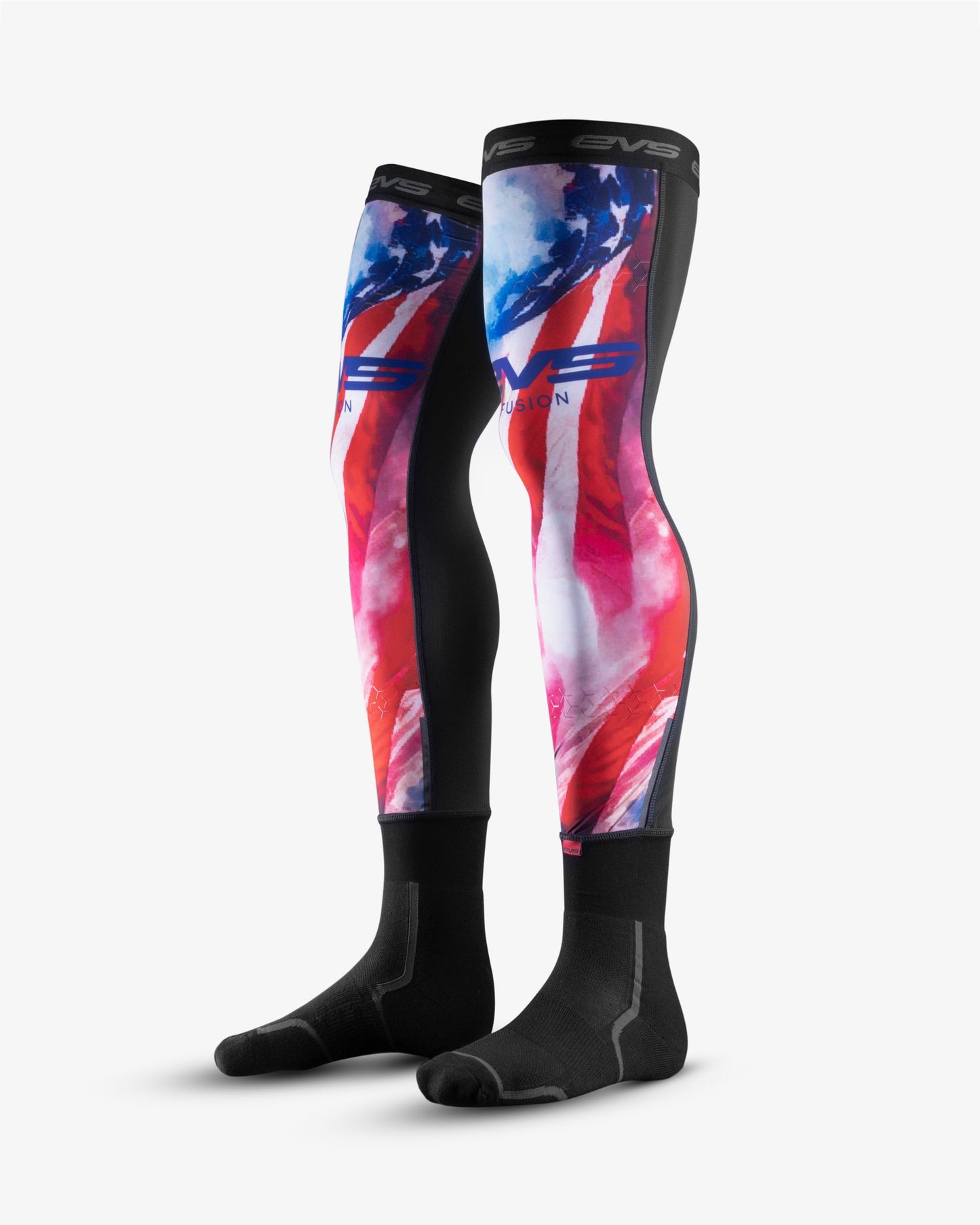 Fusion Socks by EVS Sports undergear, colorful red-blue pattern with black side panels on Tampa Home & Garden Store