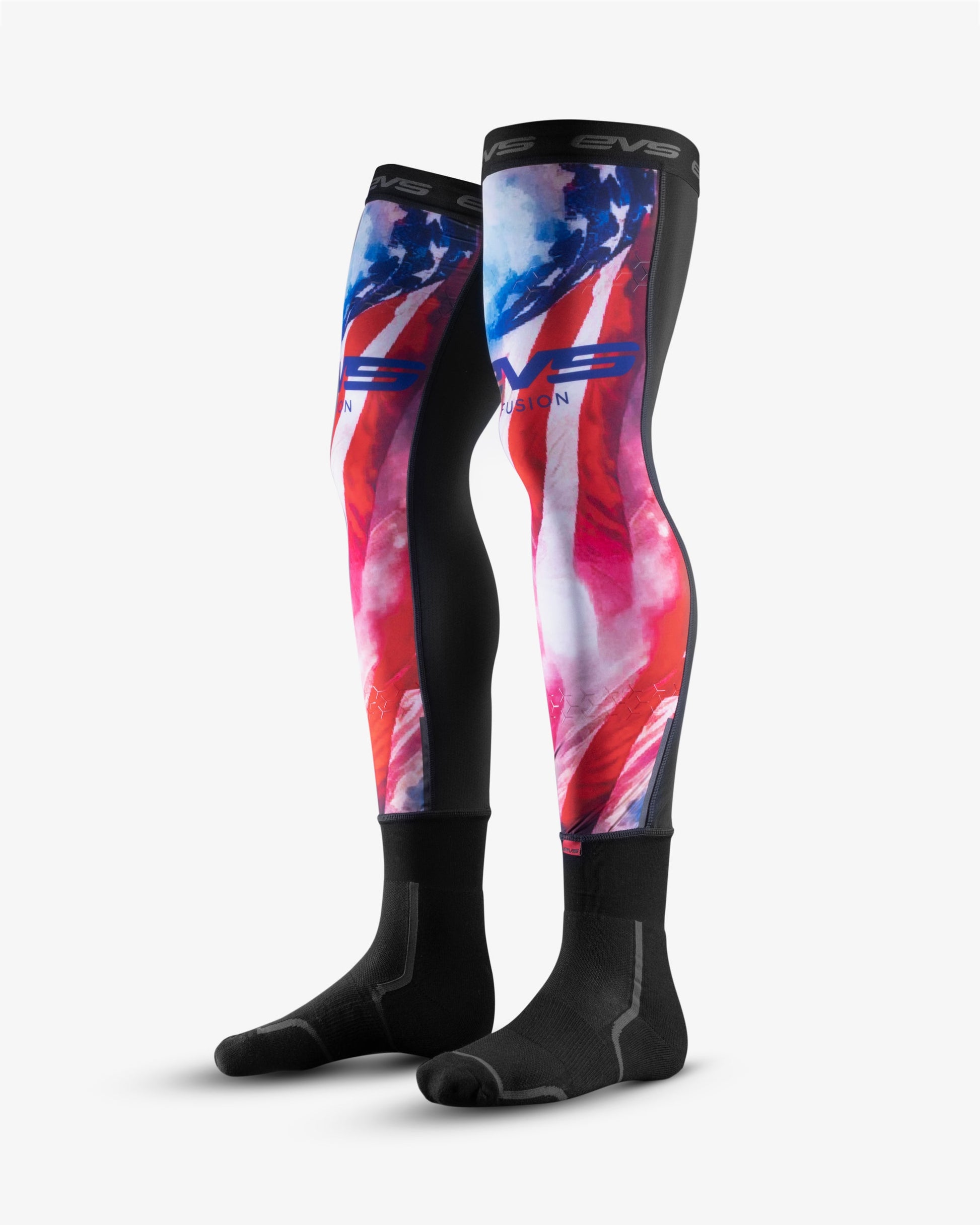 Fusion Socks by EVS Sports undergear, colorful red-blue pattern with black side panels on Tampa Home & Garden Store