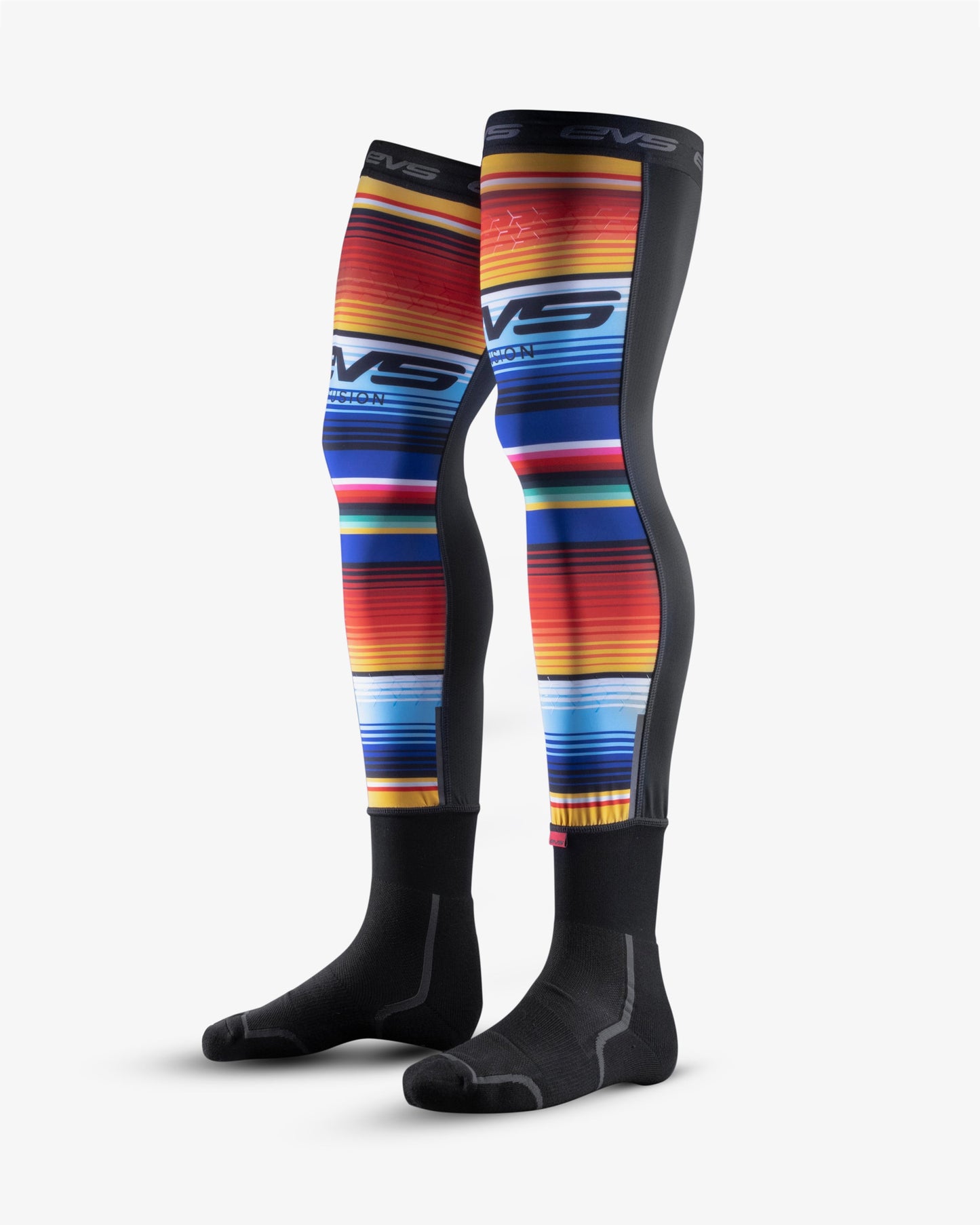 EVS Fusion Socks pair knee-high compression sleeves with bold rainbow stripes on Tampa Home & Garden Store