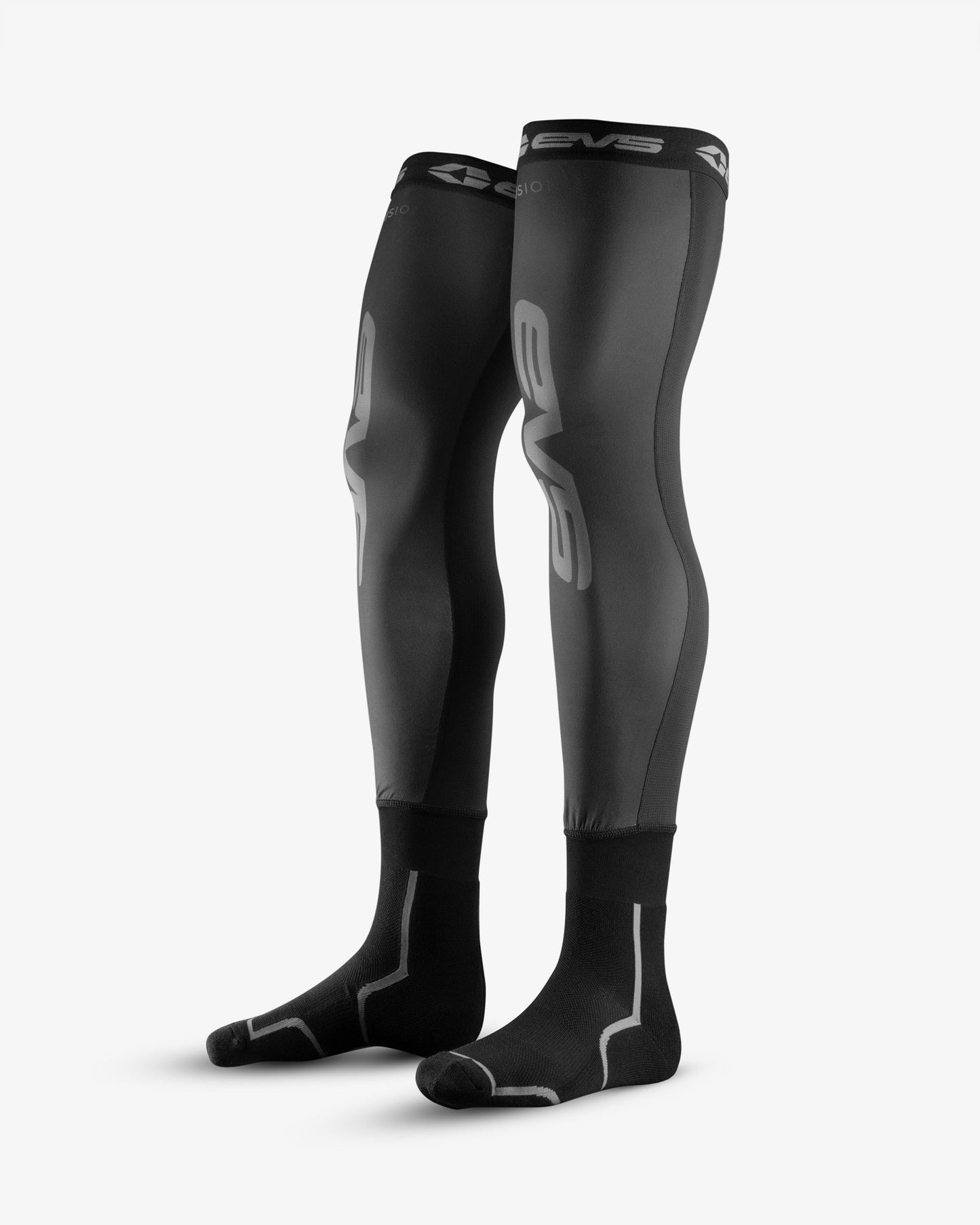 Fusion Socks pair by EVS Sports, black knee-high socks with grey logo accents on Tampa Home & Garden Store