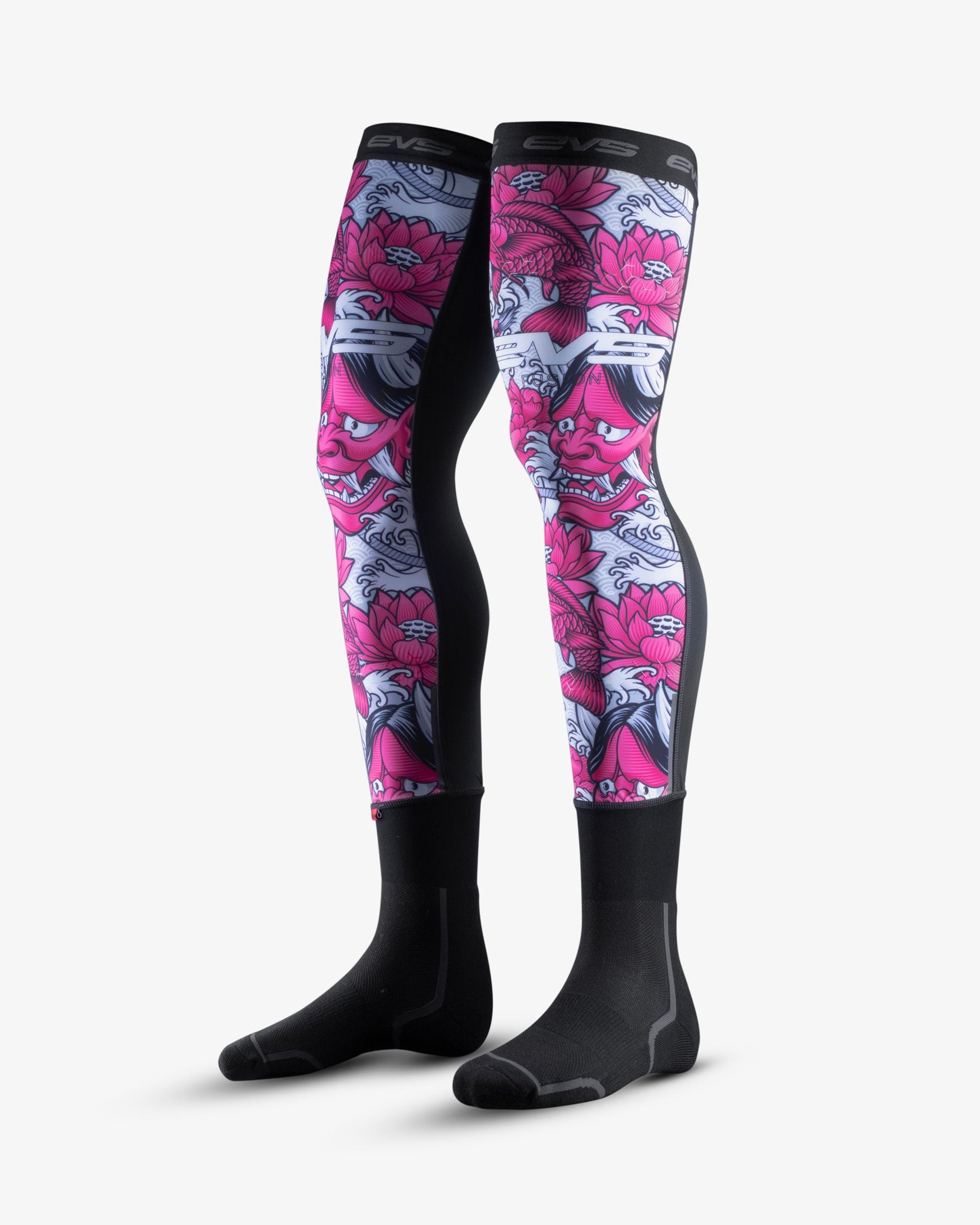 Fusion Socks EVS Sports, knee-high TUG compression socks with pink floral pattern and gray cuffs on Tampa Home & Garden Store