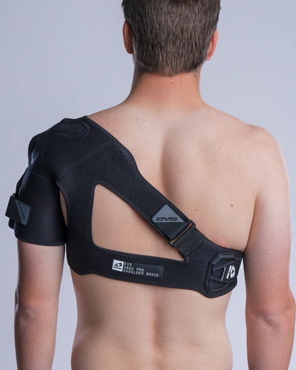 SB03 Pro Shoulder Brace by EVS Sports, black shoulder support with back strap and logo on Tampa Home & Garden Store