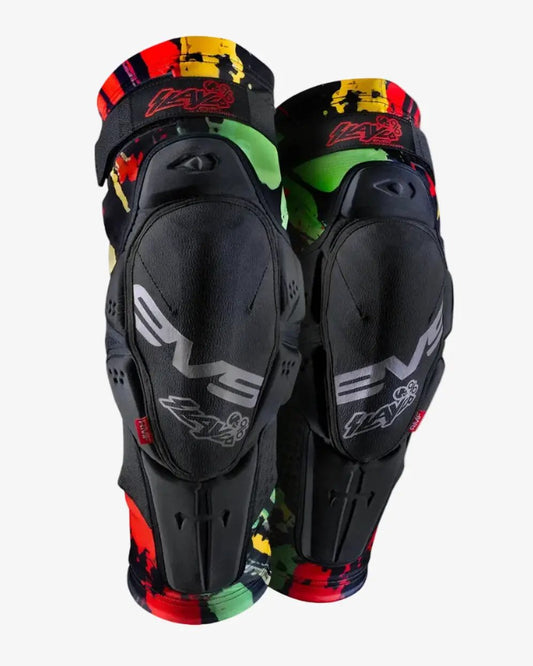 Slayco96 Explosion Knee Guards EVS Sports pair, black knee guards with colorful straps on Tampa Home & Garden Store