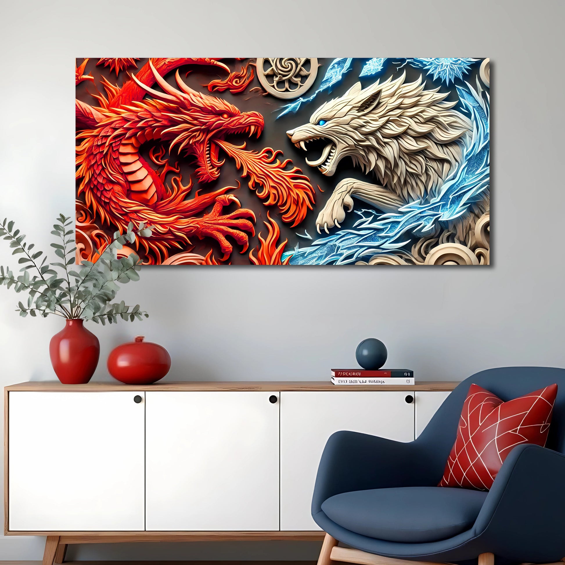 3D Dragon and Wolf Wall Art Canvas by Tailored Canvases; red dragon vs white wolf on Tampa Home & Garden Store