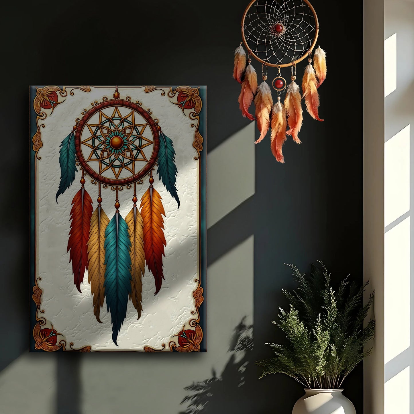 3D Whispering Feathers Wall Art V canvas Tailored Canvases teal orange red yellow mandala on Tampa Home & Garden Store