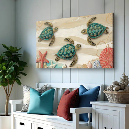 3D Coastal Wall Art VII canvas by Tailored Canvases with teal sea turtles on beige sand on Tampa Home & Garden Store
