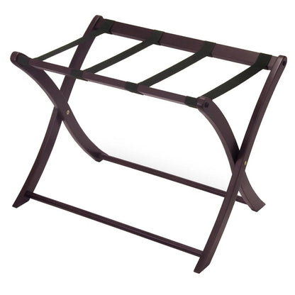 Soporte plegable de madera maciza para maletas, acabado en marrón oscuro con correas de nailon negras