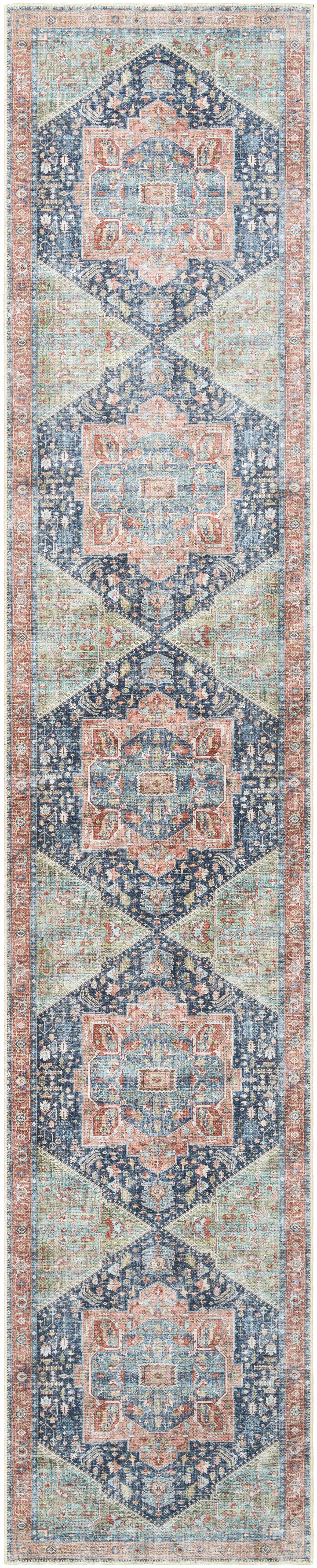 Exira washable area rug runner with navy blue and peach hexagonal medallions and aqua borders on Tampa Home & Garden Store