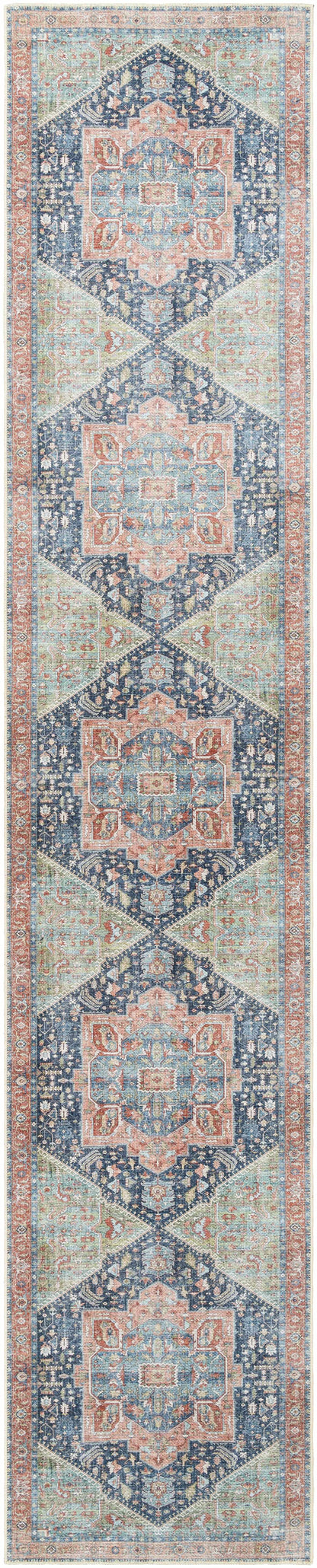 Exira washable area rug runner with navy blue and peach hexagonal medallions and aqua borders on Tampa Home & Garden Store