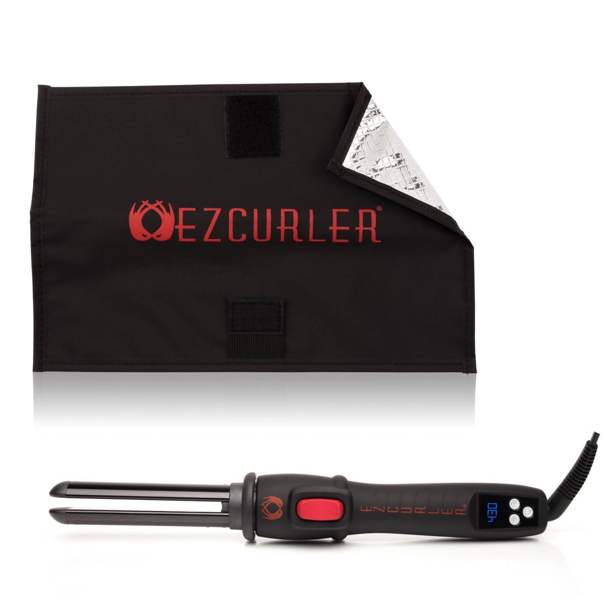 EZCurler rotating tourmaline ceramic curling iron black with red control button and digital display on Tampa Home & Garden Store