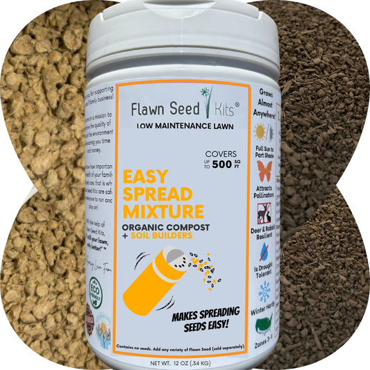 Easy Seed Spreading Mix white jar by Flawn Seed Kits on soil, contains no seeds on Tampa Home & Garden Store