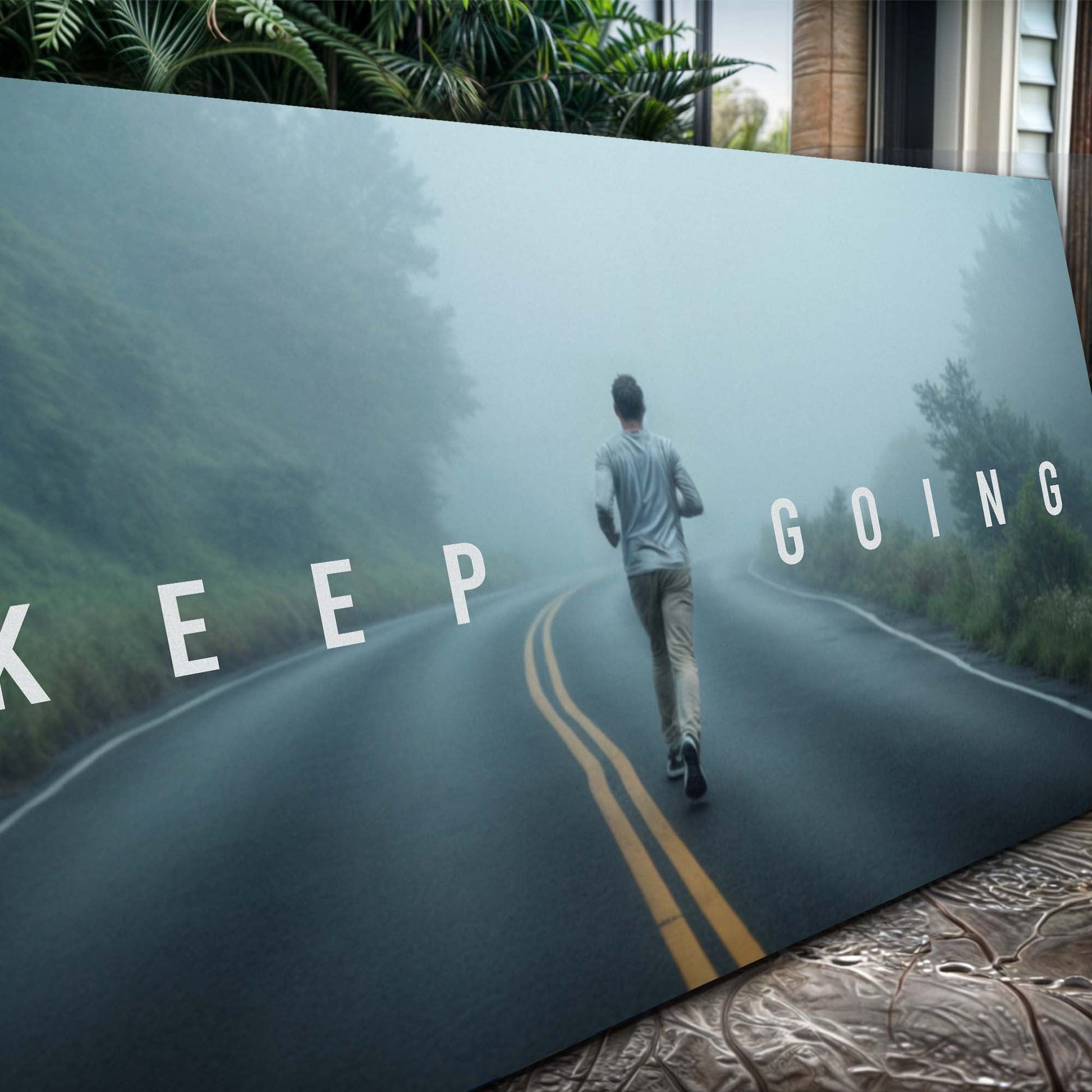 Keep Going Motivational Wall Sign canvas with a runner on a winding road and bold white text on Tampa Home & Garden Store