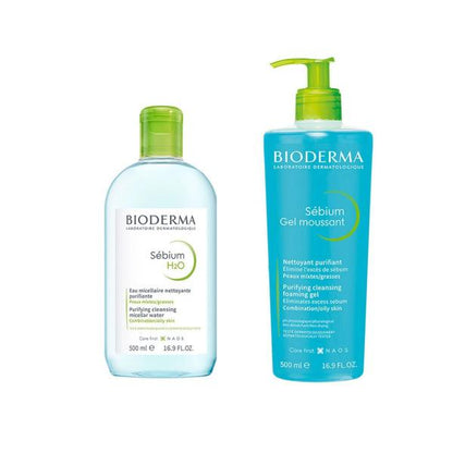 Sebium skincare set: Bioderma H2O micellar water and Sebium foaming gel for oily skin on Tampa Home & Garden Store
